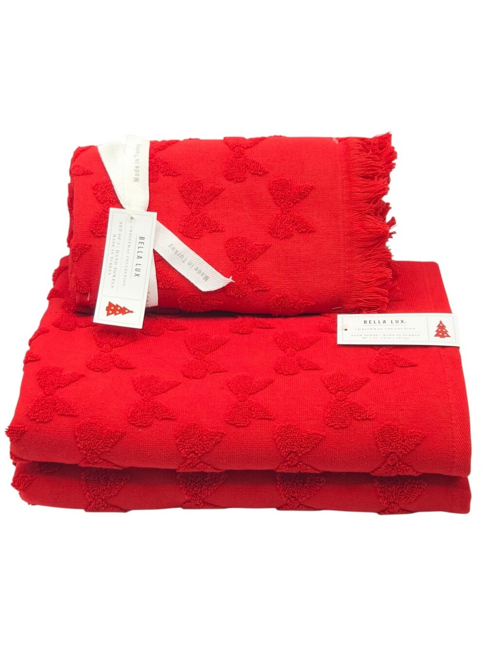 Bella Lux Christmas Collection Red Bows Embossed Turkish Cotton Towel Set Of 4pc - Picture 10 of 10